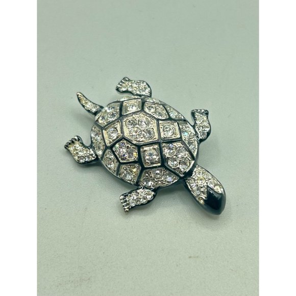 Kenneth Jay Lane KJL Turtle Pin Brooch Silver Tone Clear Crystals Black Enamel - Picture 8 of 9